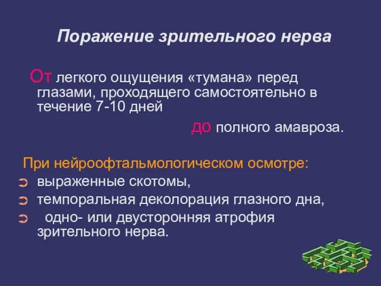 Поражение зрительного нерва От легкого ощущения «тумана» перед глазами, проходящего самостоятельно в