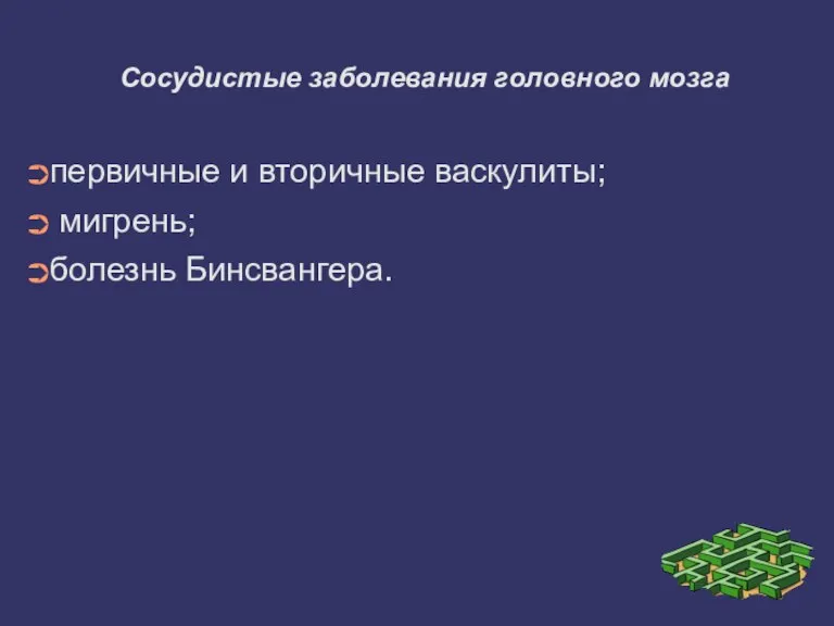 Сосудистые заболевания головного мозга первичные и вторичные васкулиты; мигрень; болезнь Бинсвангера.