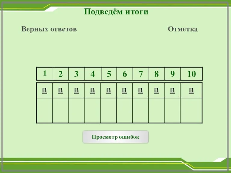 Подведём итоги Верных ответов Отметка Просмотр ошибок в в в в в