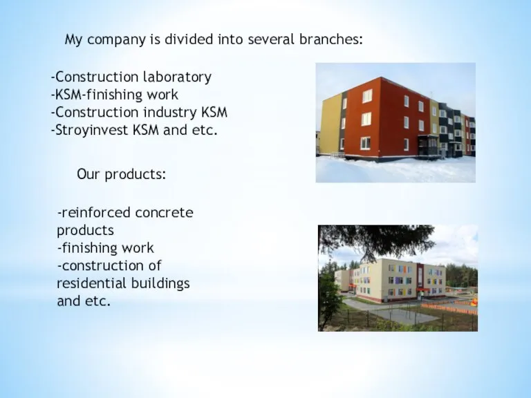 My company is divided into several branches: -Construction laboratory -KSM-finishing work -Construction