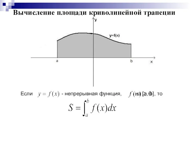 Вычисление площади криволинейной трапеции Если - непрерывная функция, на [a, b], то