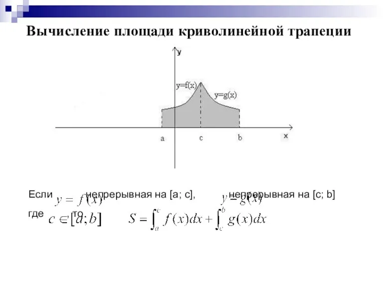 Вычисление площади криволинейной трапеции Если непрерывная на [a; c], непрерывная на [c; b] где , то