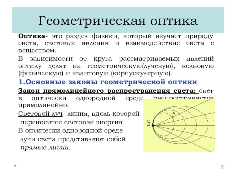 * Лекции проф. П.Ю.Гуляева Геометрическая оптика Оптика- это раздел физики, который изучает