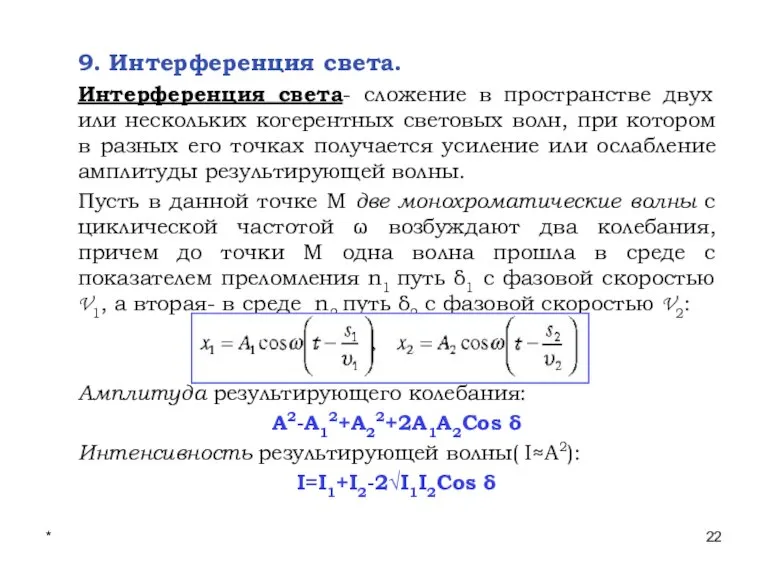 * Лекции проф. П.Ю.Гуляева 9. Интерференция света. Интерференция света- сложение в пространстве