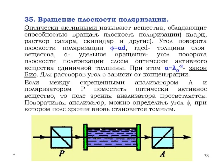 * Лекции проф. П.Ю.Гуляева 35. Вращение плоскости поляризации. Оптически активными называют вещества,