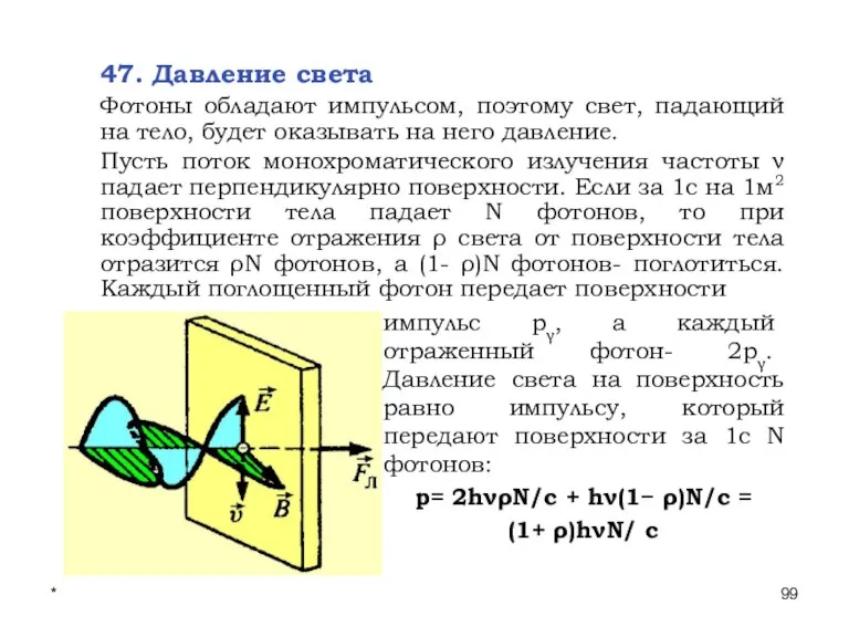 * Лекции проф. П.Ю.Гуляева 47. Давление света Фотоны обладают импульсом, поэтому свет,