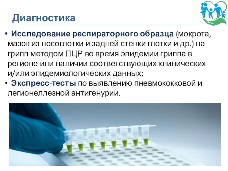 Диагностика Исследование респираторного образца (мокрота, мазок из носоглотки и задней стенки глотки