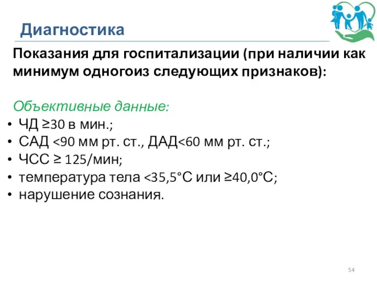 Диагностика Показания для госпитализации (при наличии как минимум одногоиз следующих признаков): Объективные