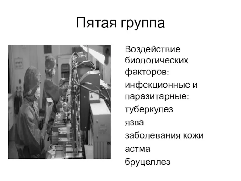 Пятая группа Воздействие биологических факторов: инфекционные и паразитарные: туберкулез язва заболевания кожи астма бруцеллез