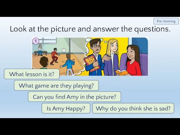 Look at the picture and answer the questions. Pre-listening Is Amy Happy?
