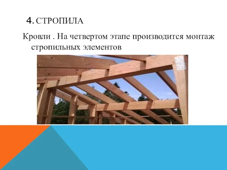 4. СТРОПИЛА Кровли . На четвертом этапе производится монтаж стропильных элементов