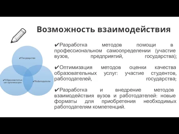 ✔Разработка методов помощи в профессиональном самоопределении (участие вузов, предприятий, государства); ✔Оптимизация методов