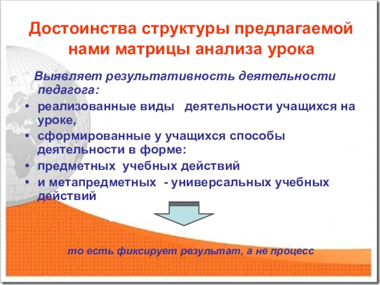 Достоинства структуры предлагаемой нами матрицы анализа урока Выявляет результативность деятельности педагога: реализованные