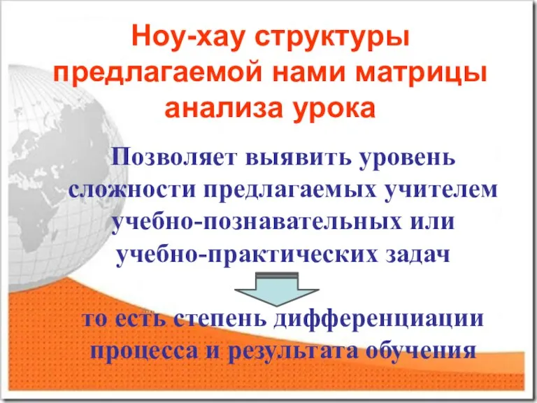 Ноу-хау структуры предлагаемой нами матрицы анализа урока Позволяет выявить уровень сложности предлагаемых