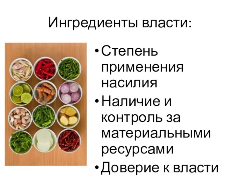 Ингредиенты власти: Степень применения насилия Наличие и контроль за материальными ресурсами Доверие к власти