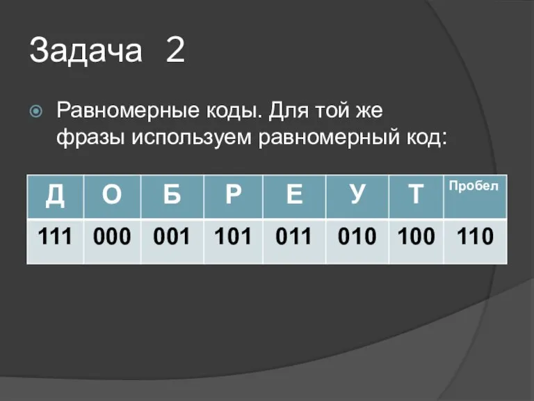 Задача 2 Равномерные коды. Для той же фразы используем равномерный код: