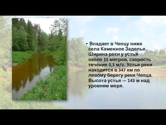 Впадает в Чепцу ниже села Каменное Заделье. Ширина реки у устья около