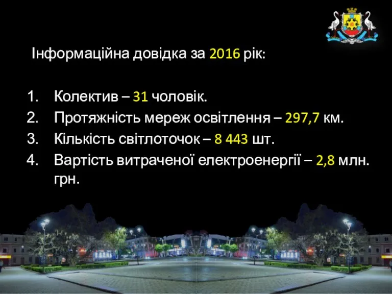 Інформаційна довідка за 2016 рік: Колектив – 31 чоловік. Протяжність мереж освітлення