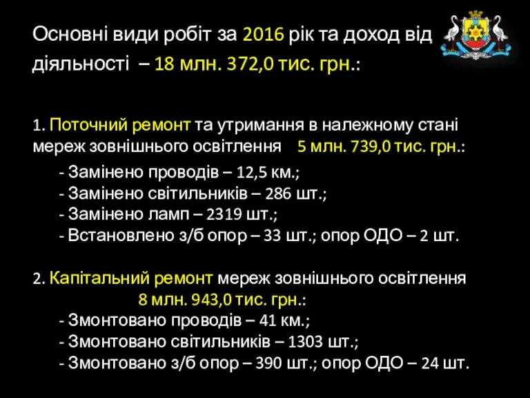 Основні види робіт за 2016 рік та доход від діяльності – 18