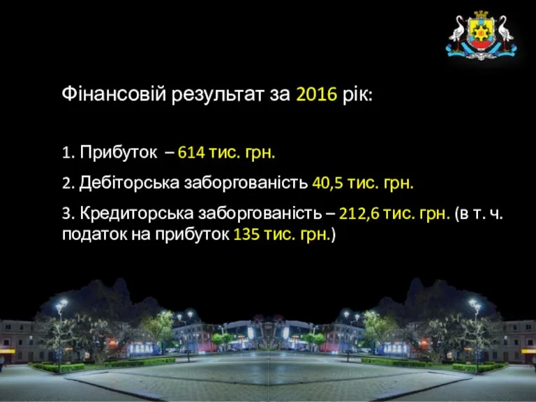 Фінансовій результат за 2016 рік: 1. Прибуток – 614 тис. грн. 2.