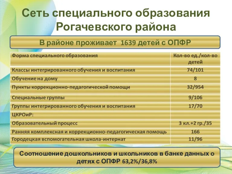 Сеть специального образования Рогачевского района Соотношение дошкольников и школьников в банке данных
