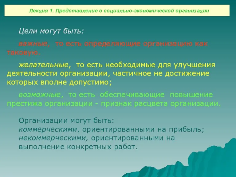 Цели могут быть: важные, то есть определяющие организацию как таковую. желательные, то