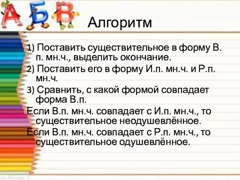 Алгоритм 1) Поставить существительное в форму В.п. мн.ч., выделить окончание. 2) Поставить