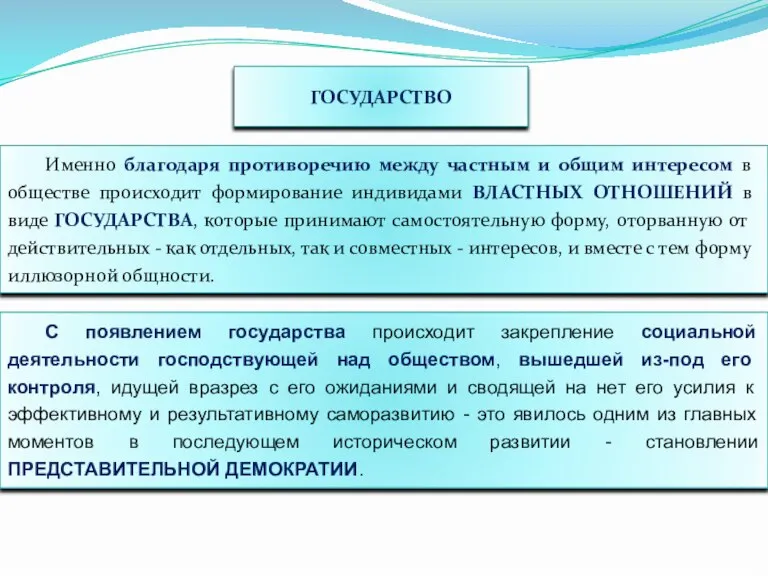 ГОСУДАРСТВО Именно благодаря противоречию между частным и общим интересом в обществе происходит