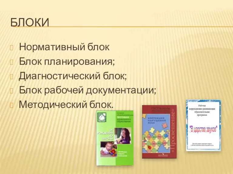 БЛОКИ Нормативный блок Блок планирования; Диагностический блок; Блок рабочей документации; Методический блок.