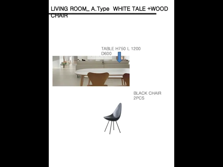LIVING ROOM_ A.Type WHITE TALE +WOOD CHAIR TABLE H750 L 1200 D600 BLACK CHAIR 2PCS