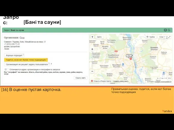 [Банi та сауни] Yandex Запрос: [16] В оценке пустая карточка. Правильная оценка: