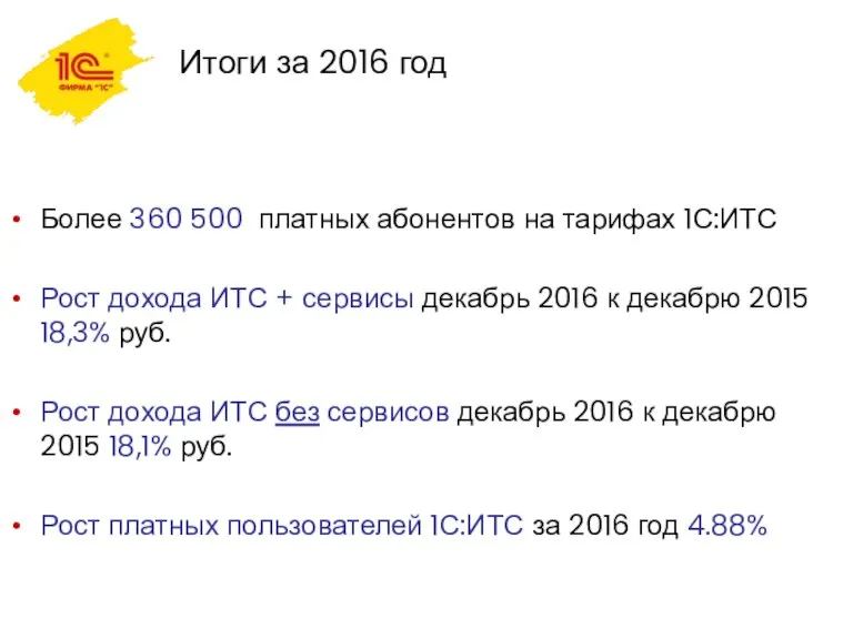 Более 360 500 платных абонентов на тарифах 1С:ИТС Рост дохода ИТС +