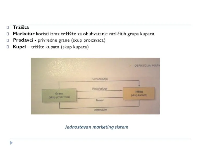 Tržišta Marketar koristi izraz tržište za obuhvatanje različitih grupa kupaca. Prodavci -