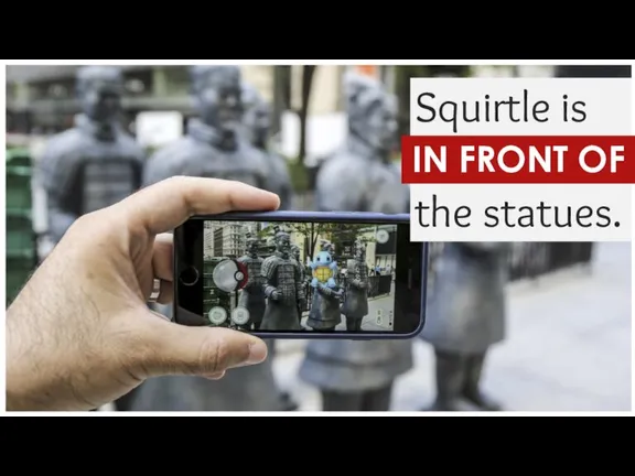 Squirtle is ... the statues. IN FRONT OF