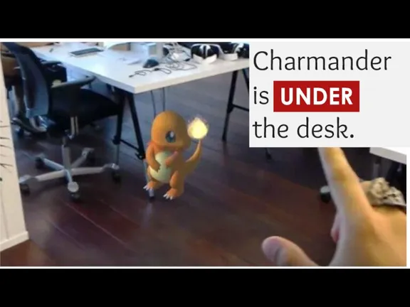 Charmander is ... the desk. UNDER