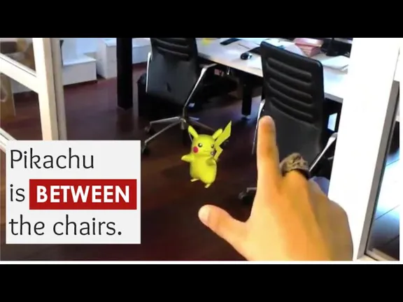Pikachu is … the chairs. BETWEEN