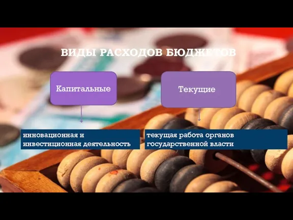 ВИДЫ РАСХОДОВ БЮДЖЕТОВ Капитальные Текущие инновационная и инвестиционная деятельность текущая работа органов государственной власти