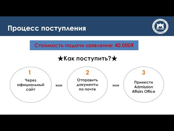 Процесс поступления ★Как поступить?★ Через официальный сайт Отправить документы по почте Принести