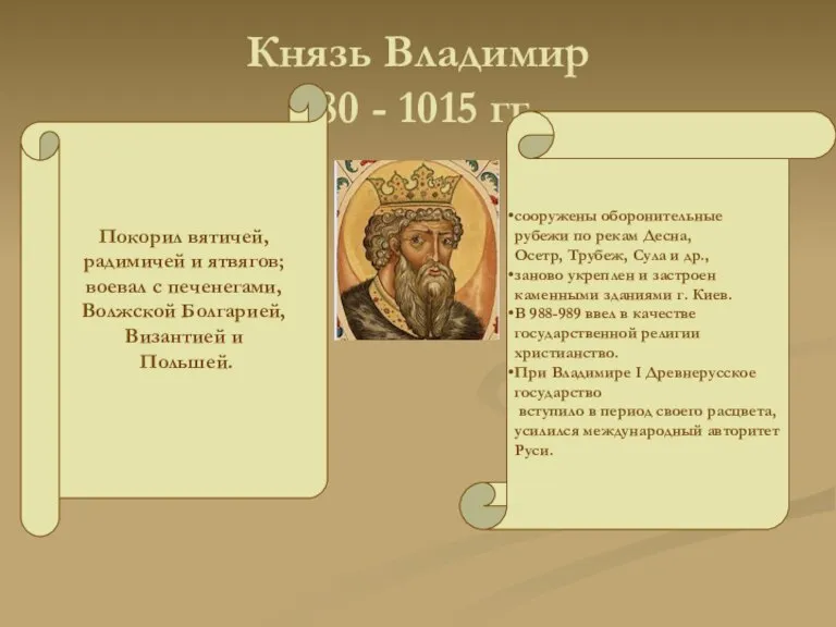 Князь Владимир 980 - 1015 гг. Покорил вятичей, радимичей и ятвягов; воевал