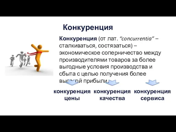 Конкуренция Конкуренция (от лат. “concurrentia” – сталкиваться, состязаться) – экономическое соперничество между