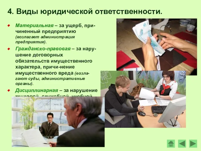 4. Виды юридической ответственности. Материальная – за ущерб, при-чиненный предприятию (возлагает администрация