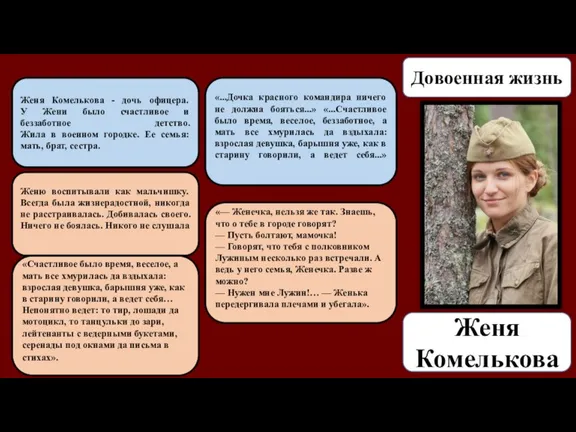 Женя Комелькова Довоенная жизнь Женя Комелькова - дочь офицера. У Жени было