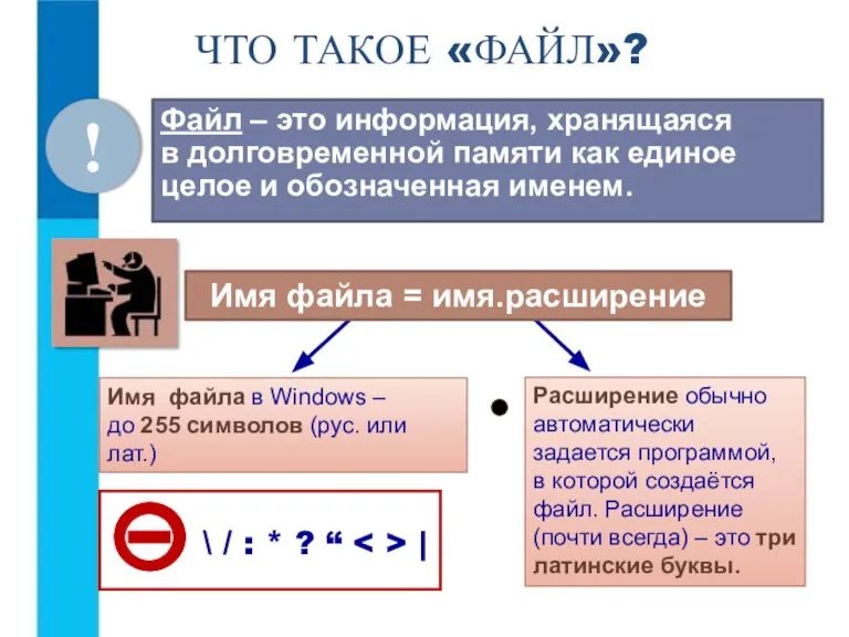 ЧТО ТАКОЕ «ФАЙЛ»? Файл – это информация, хранящаяся в долговременной памяти как