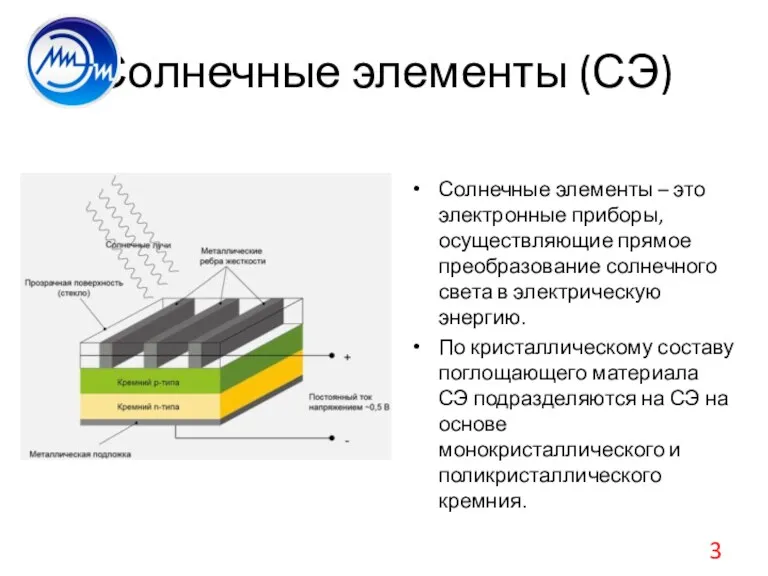 Солнечные элементы (СЭ) Солнечные элементы – это электронные приборы, осуществляющие прямое преобразование