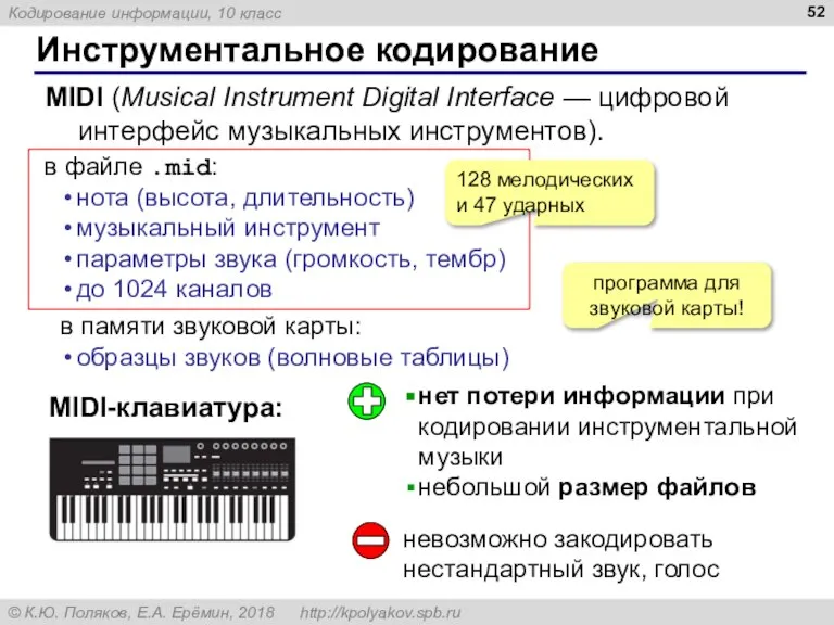 Инструментальное кодирование MIDI (Musical Instrument Digital Interface — цифровой интерфейс музыкальных инструментов).