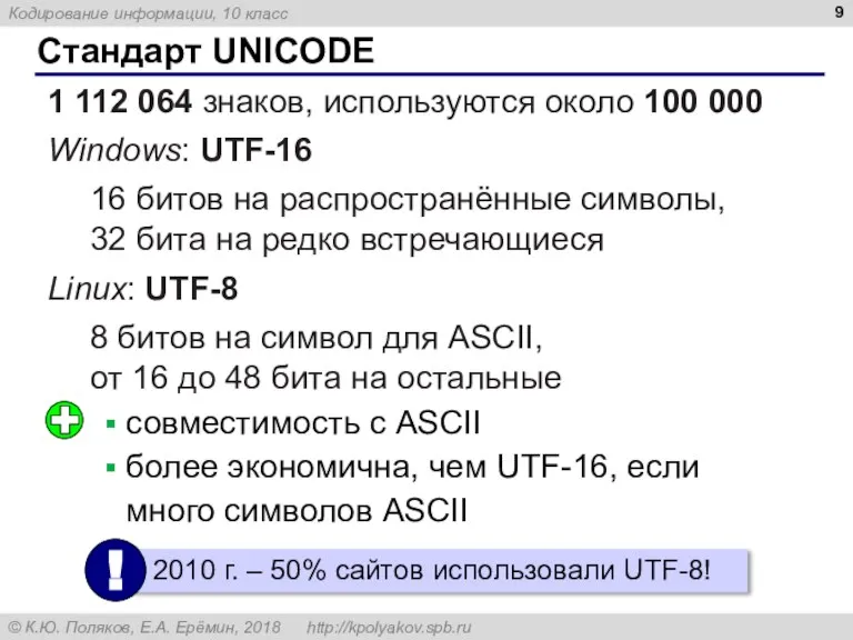 Стандарт UNICODE 1 112 064 знаков, используются около 100 000 Windows: UTF-16