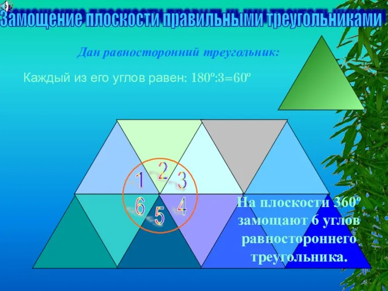 Замощение плоскости правильными треугольниками Дан равносторонний треугольник: Каждый из его углов равен:
