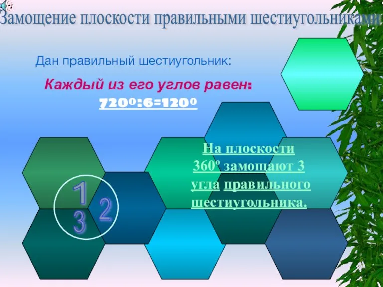 Замощение плоскости правильными шестиугольниками Дан правильный шестиугольник: Каждый из его углов равен: