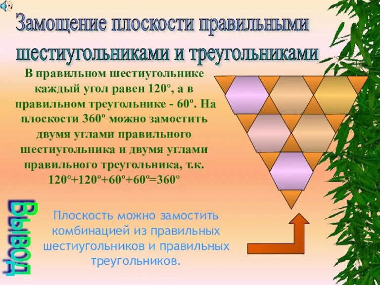 Замощение плоскости правильными шестиугольниками и треугольниками В правильном шестиугольнике каждый угол равен