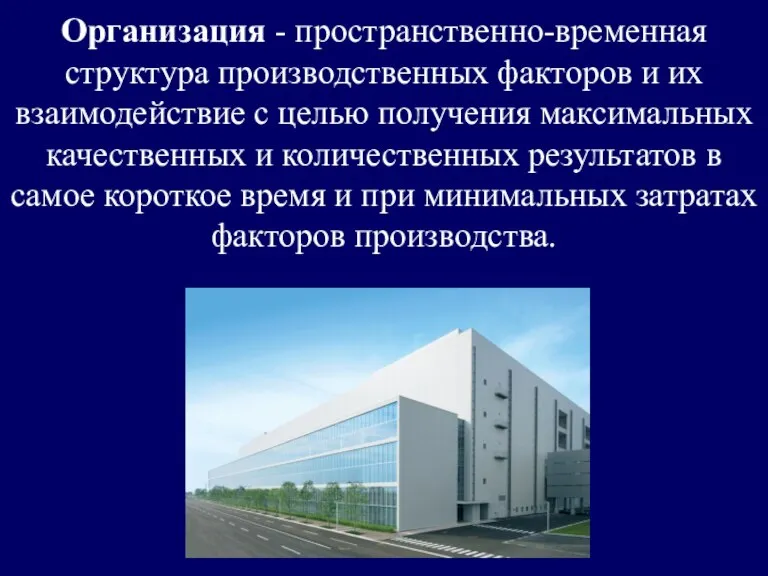 Организация - пространственно-временная структура производственных факторов и их взаимодействие с целью получения